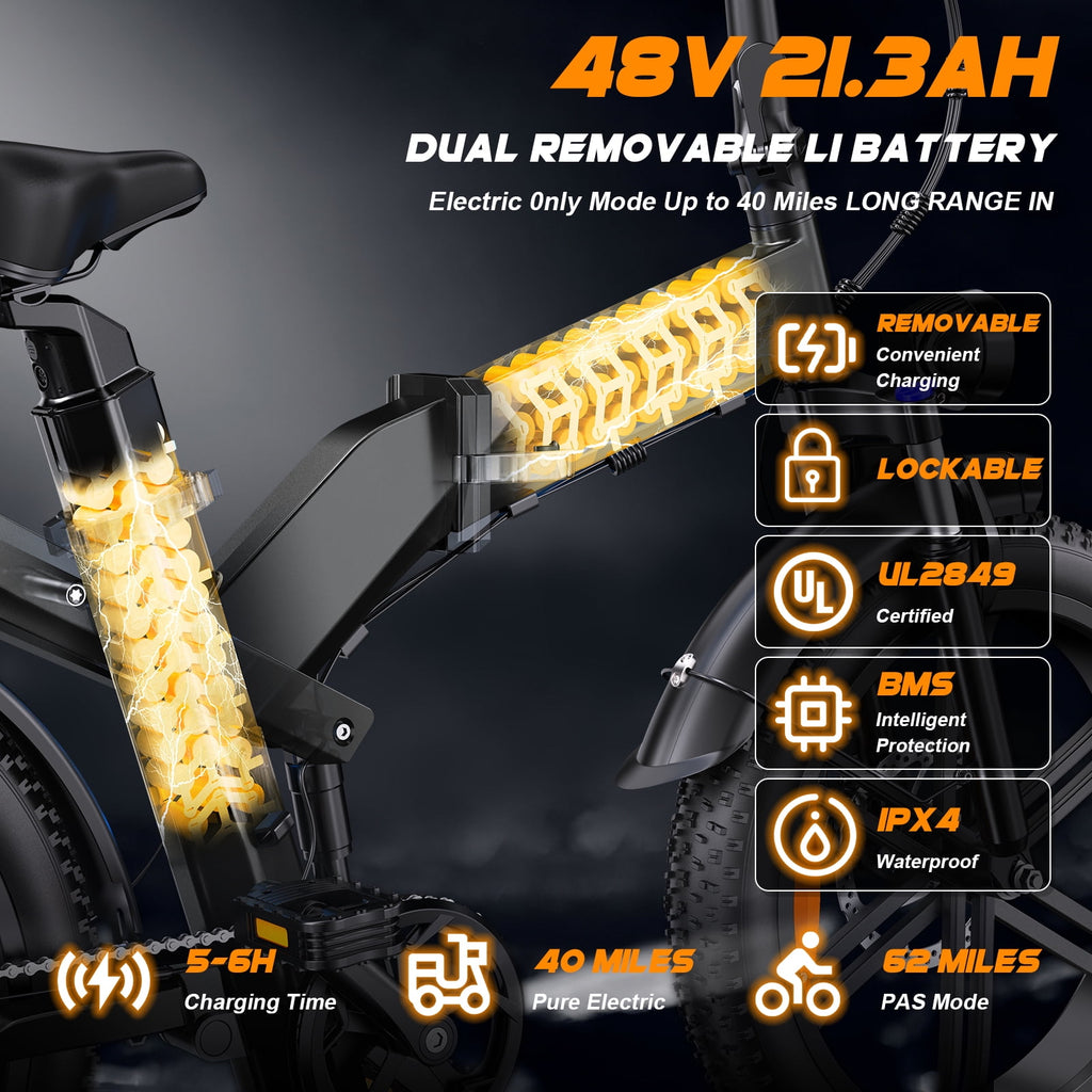 GOKEEP X20 Electric Bike for Adults, 750W Motor Electric Bicycle with 48V 21.3AH Removable Li Dual Battery, 20 x4.0 Fat Tire Folding Electric Dirt Bike, E-Mountain Bike, UL2849, Black Electric Bikes