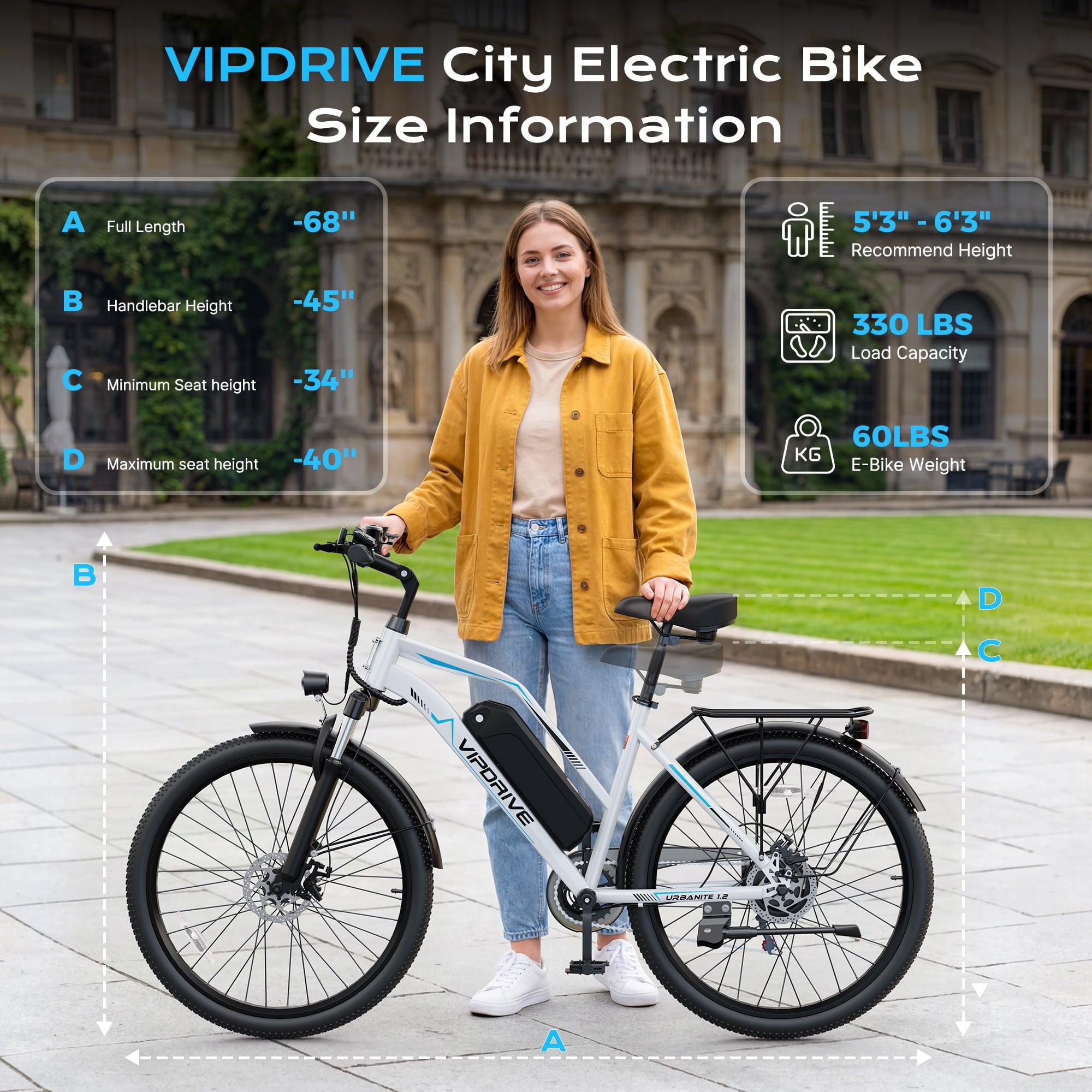 VIPDRIVE 26 Electric Bicycle for Adults & Women, Peak 750W Motor E-Bikes, 48V 7.8Ah Battery, 7-Speed, City Cruiser E-Bike, LCD Display, 50 Mi Range（UL2849） Electric Bikes