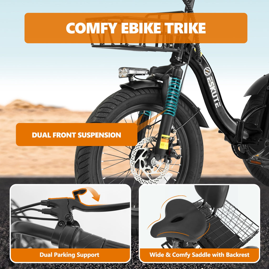 ESKUTE Adult Electric Tricycle, Folding Step-Thru E-Trike with Removable Battery, 18 x 3.0 Fat Tires, Long Range 3-Wheel Electric Bicycle for Daily Riding UL2849, Black Electric Bikes