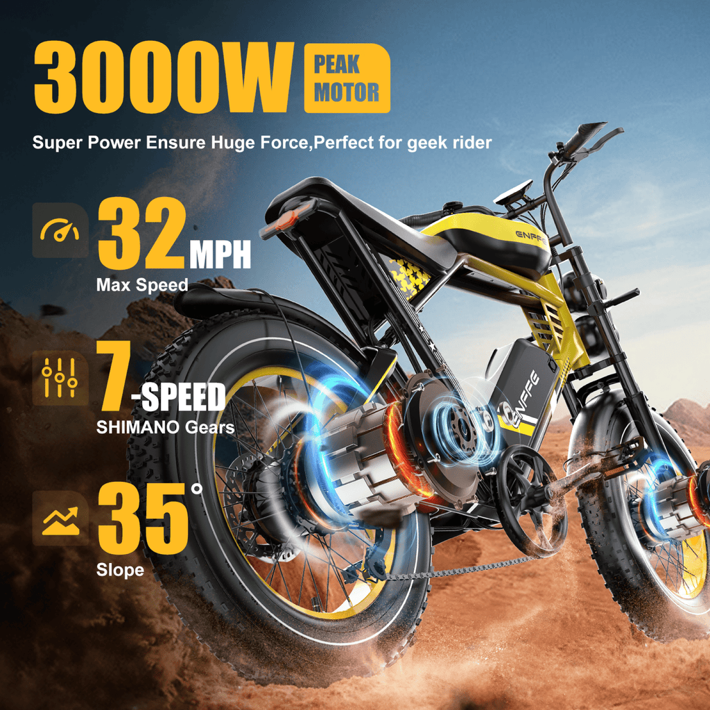2D Ultra Electric Bike for Adults, 3000W Peak Motor 32MPH Off-Road E Bike, 48V 45Ah Battery, 200-Mile Range, 20 x 4.0 Fat Tires, Shimano 7-Speed, Yellow Electric Bikes