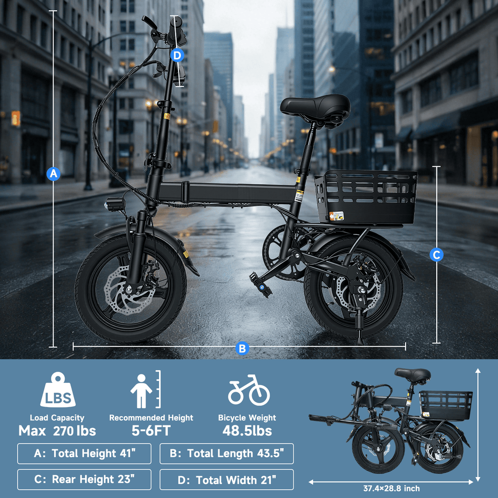 OwnGold 14IN Folding Electric Bicycles for Adults Teens with Basket,500W Peak Motor Up to 20 mph Range 30 Miles,36V 12Ah Removable Battery,Commuter/Shopping Mini Ebike,UL 2849 Electric Bikes