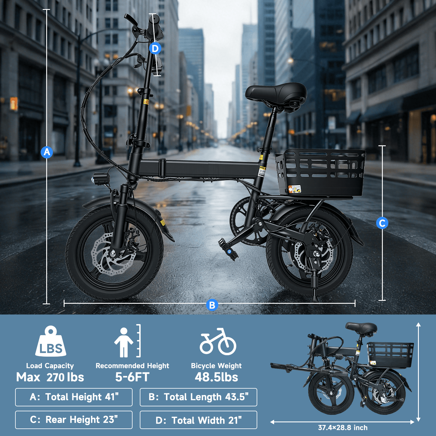 OwnGold 14IN Folding Electric Bicycles for Adults Teens with Basket,500W Peak Motor Up to 20 mph Range 30 Miles,36V 12Ah Removable Battery,Commuter/Shopping Mini Ebike,UL 2849 Electric Bikes