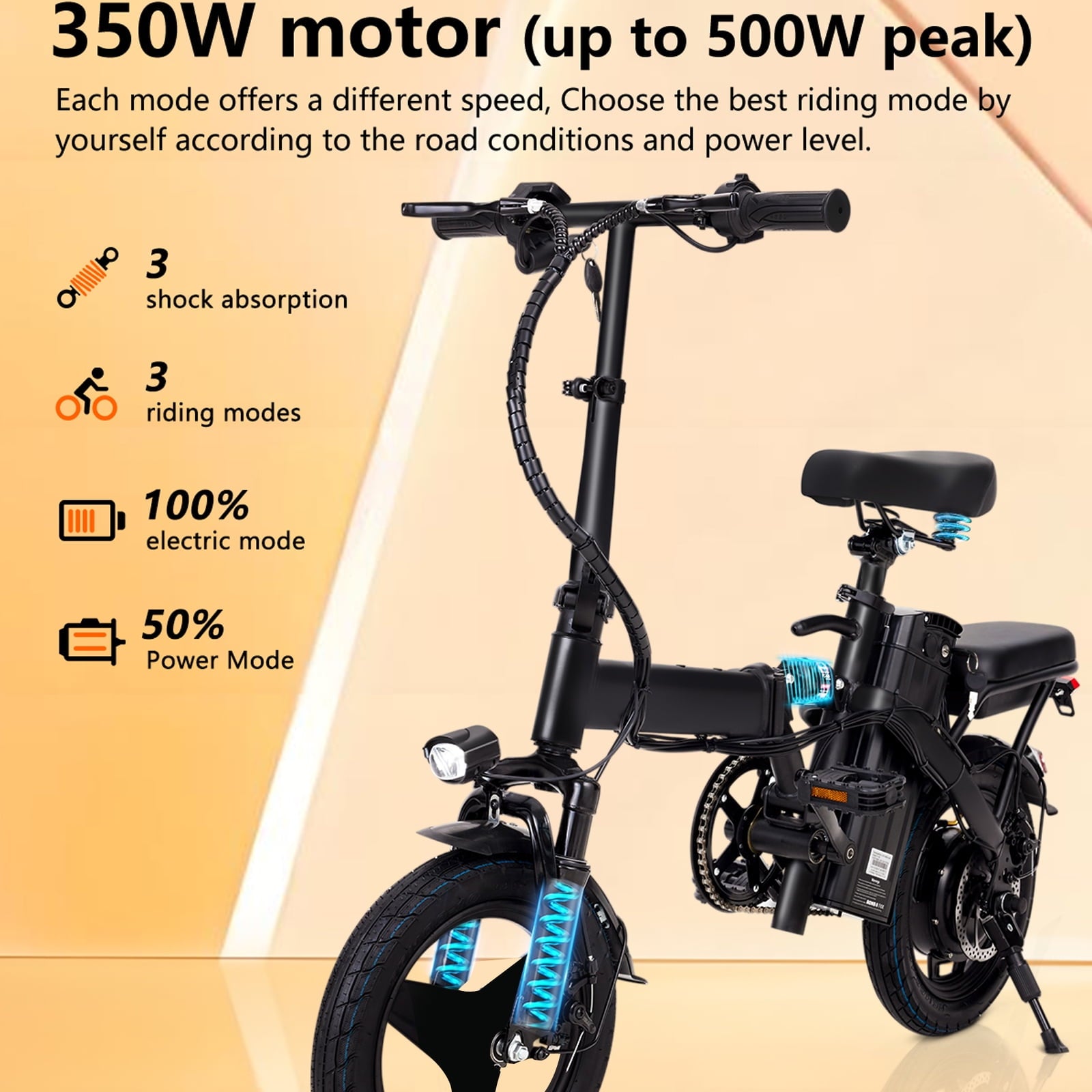 Electric Bike, 18 Mph Electric Bicycles, 350W Peak 500W Motor Foldable Ebike, 14 Tire E-bike for Adults, 48V 8Ah Battery, 15° Uphill, UL2849 Certified, 25 Miles PAS Range Electric Bikes