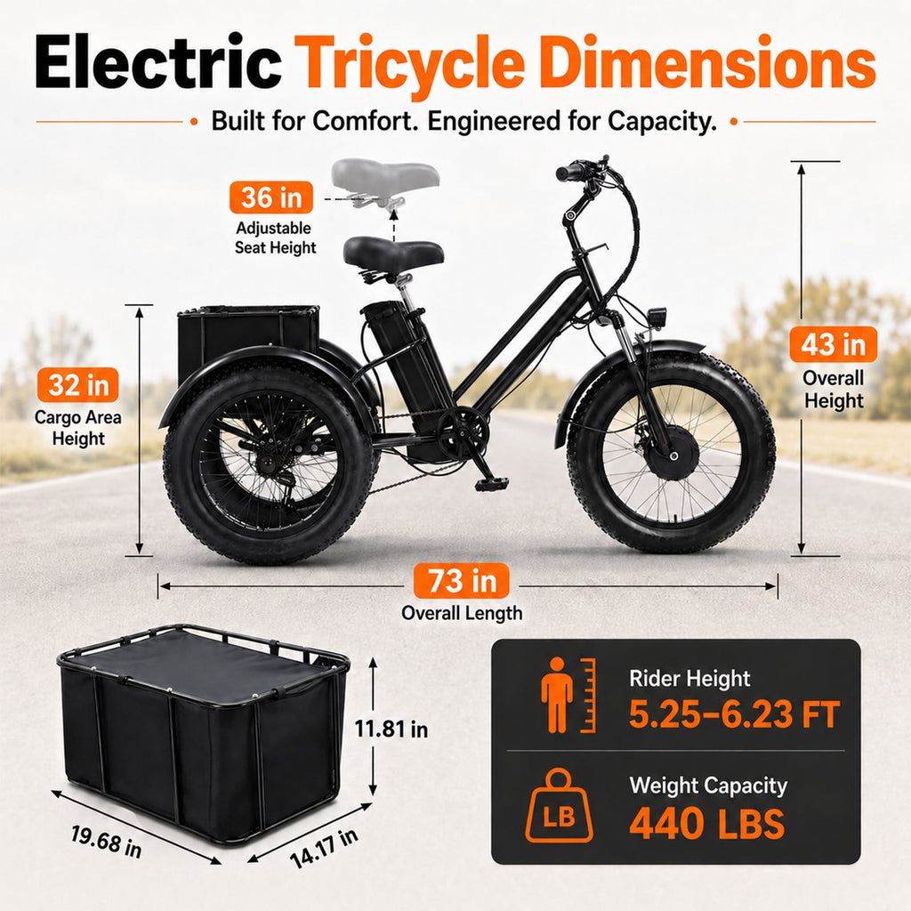 NOMIGO Electric Tricycle for Adults, 500W Motor, 48V 15Ah Battery, 20x4 Fat Tire 3-Wheel Electric Bike, 7-Speed, Rear Basket, Black Electric Bikes
