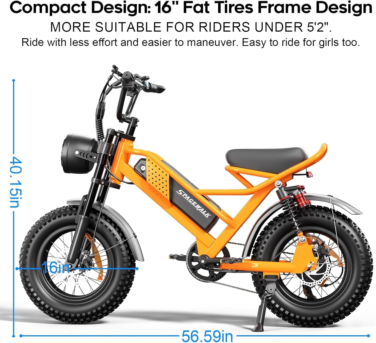 Eilleo Spacewalk M6 Electric Bike for Teens Adults, 16 Fat Tire Ebike with 1500W Peak Motor, 21.7 mph Max Speed, 48V 15Ah Removable Battery, 4X Suspension, UL2849 Electric Bikes