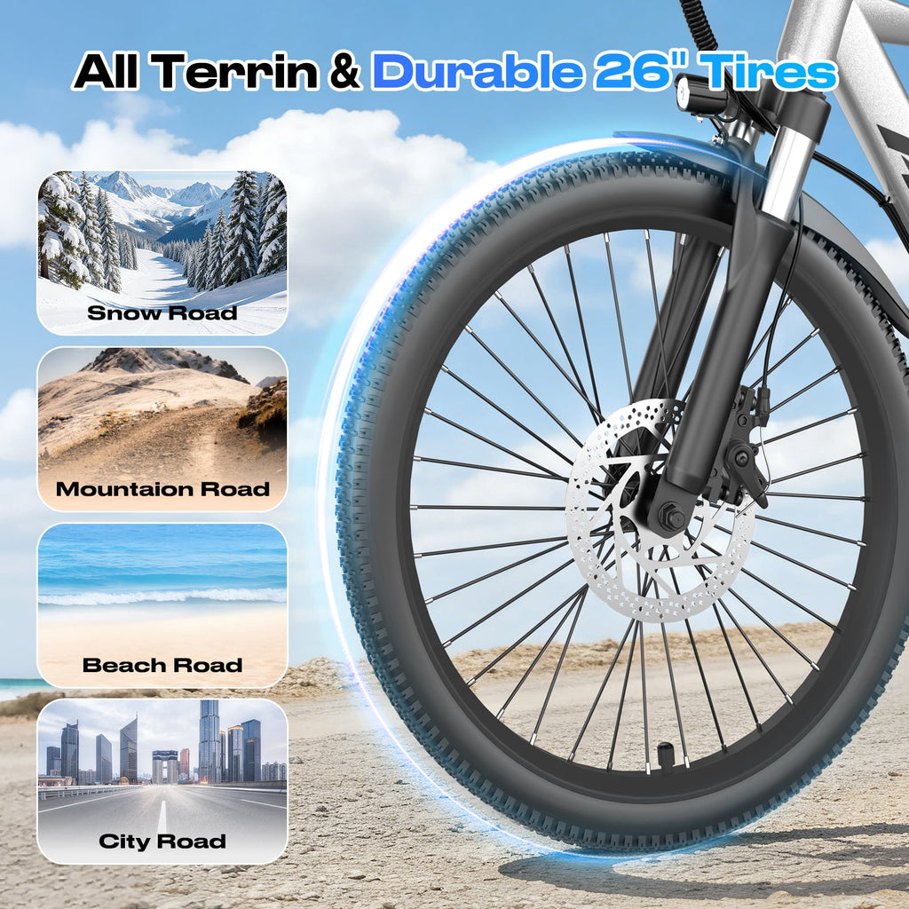 26 Electric Bike for Adults - 1200W Peak Motor, 28 MPH, 50 Mile Range, Removable 36V 13Ah Battery, 7-Speed, UL2849 Certified Commuter E-Bike Electric Bikes
