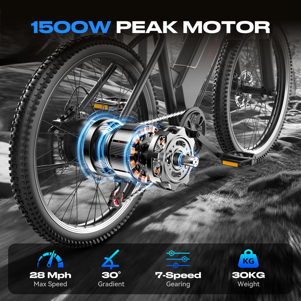 Electric Bike for Adults, 1500W Peak E bike with 48V 12Ah Internal Removable Battery, 26 Electric Bicycle Up to 25MPH, 65 Miles Long Range, 5 Modes & 7 Speeds, Lightweight Cruiser E-bike for Commute Electric Bikes