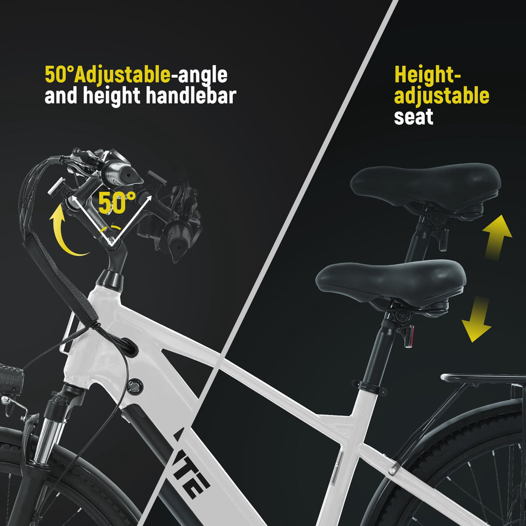 ESKUTE Adult Electric Bike – 70-Mile Range, 1300W Peak Motor, 28MPH, 840Wh Removable Battery, 26 Tires, 7-Speed Adjustable Stem, Step-Over Ebike, White Electric Bikes