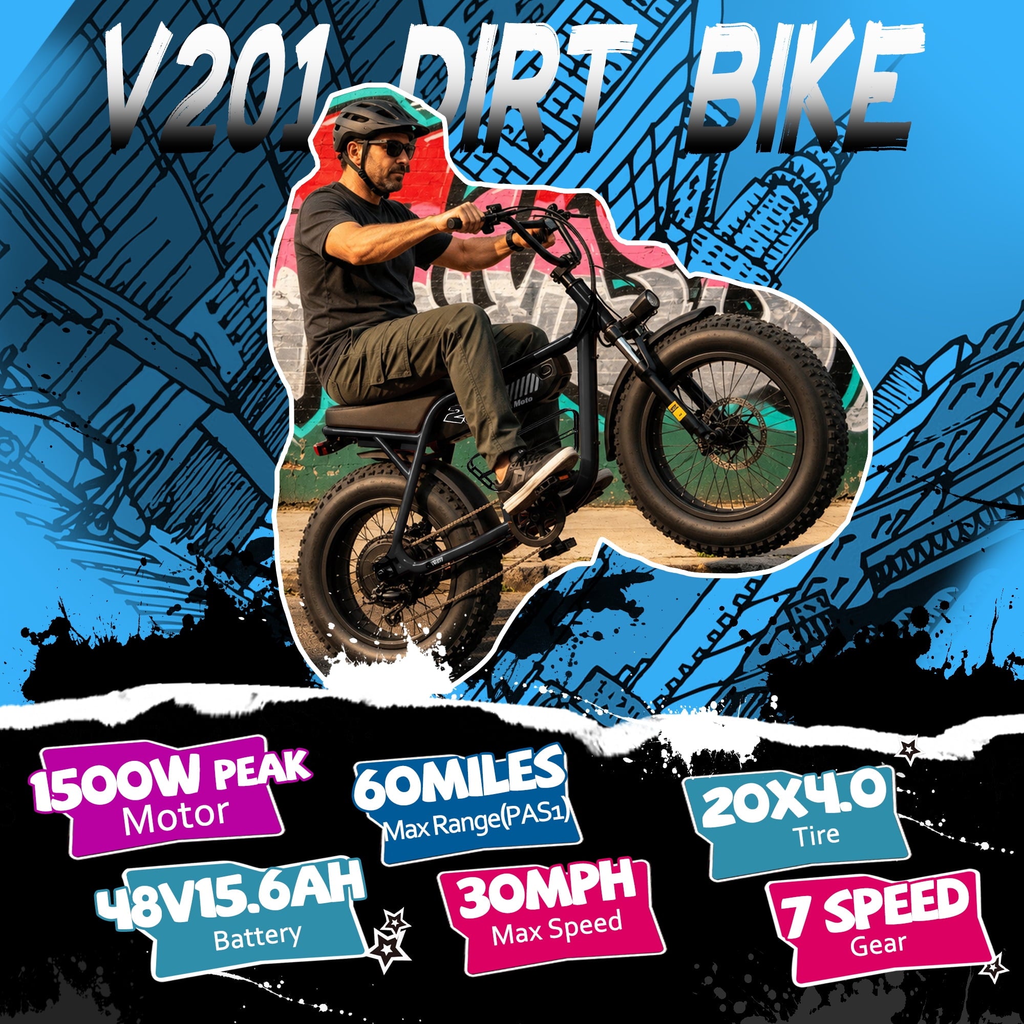 ESKUTE V201 Electric Bike for Adults & Teens 750W Peak 1500W, 30MPH, 48V 15.6Ah Battery, 20x4.0 Fat Tire 7-Speed, Front Suspension, All-Terrain Ebike Black with Phonebag & Lock, UL2849 Electric Bikes