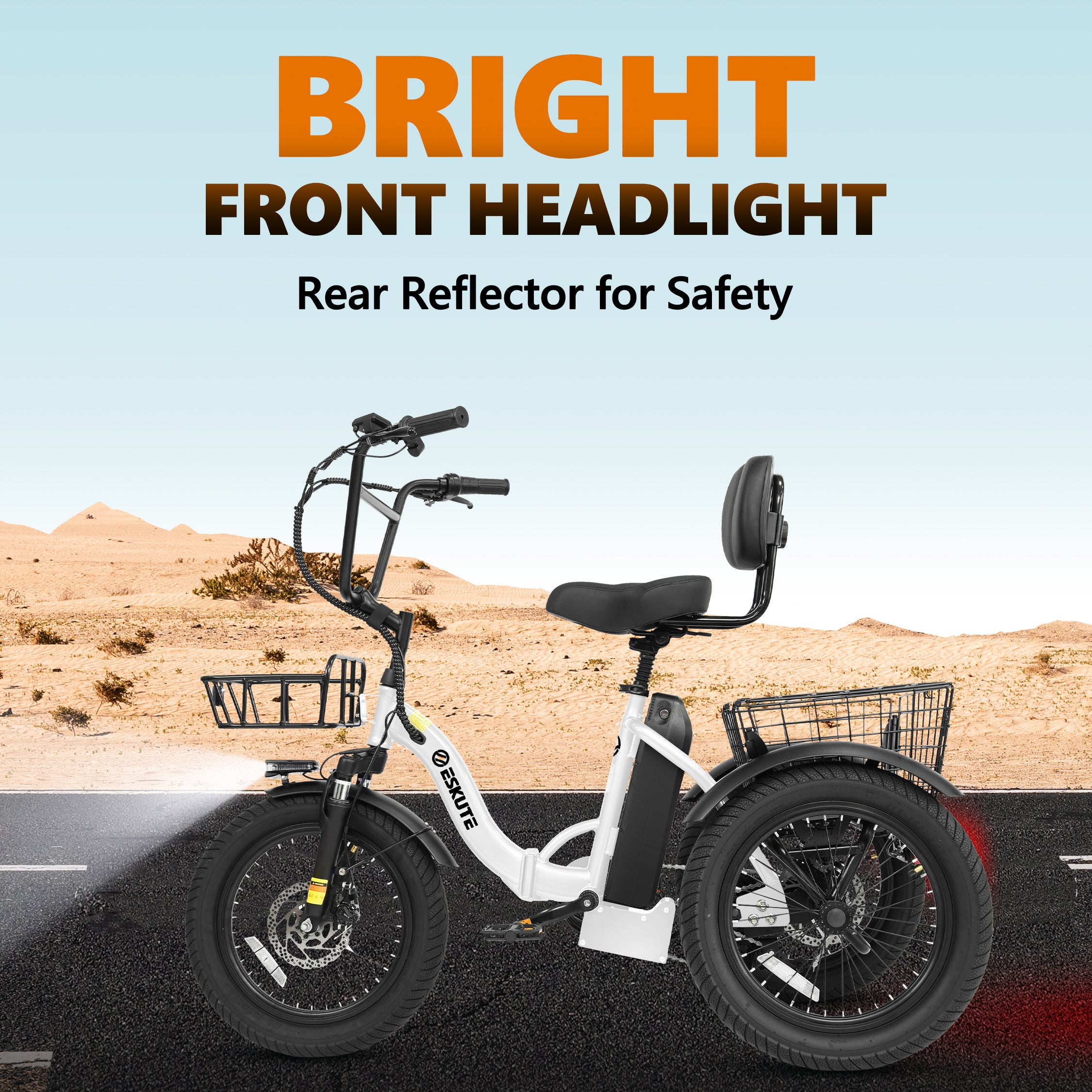 2 Pack Black+White ESKUTE E Trike Electric Bike, Peak 1200W Brushless Motor Folding Trike 18X3.0 Fat Tire Ebike, 499Wh Removable Battery,Step-Thru 3-Wheel E-Bike,48V 13AH 18MPH+Tricycle for Adults Electric Bikes