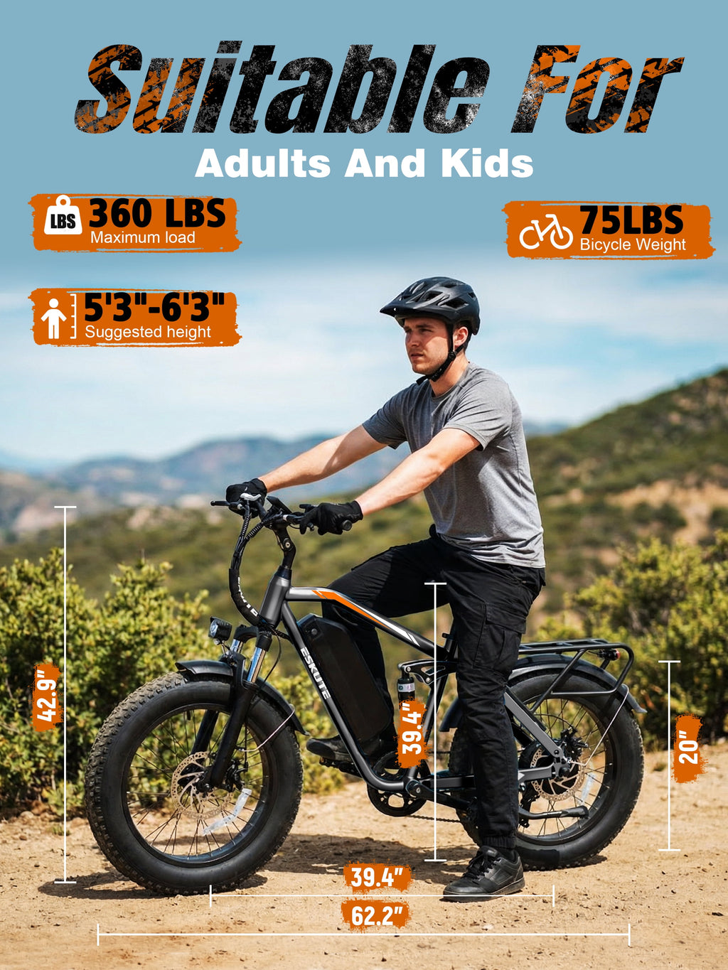 ESKUTE M300F Full Suspension Electric Bike, 20 Fat Tire Ebike, 48V 20.8Ah Removable Battery, 1200W Peak Motor, 7-Speed, Up to 80 Miles, Black, UL2849 Electric Bikes