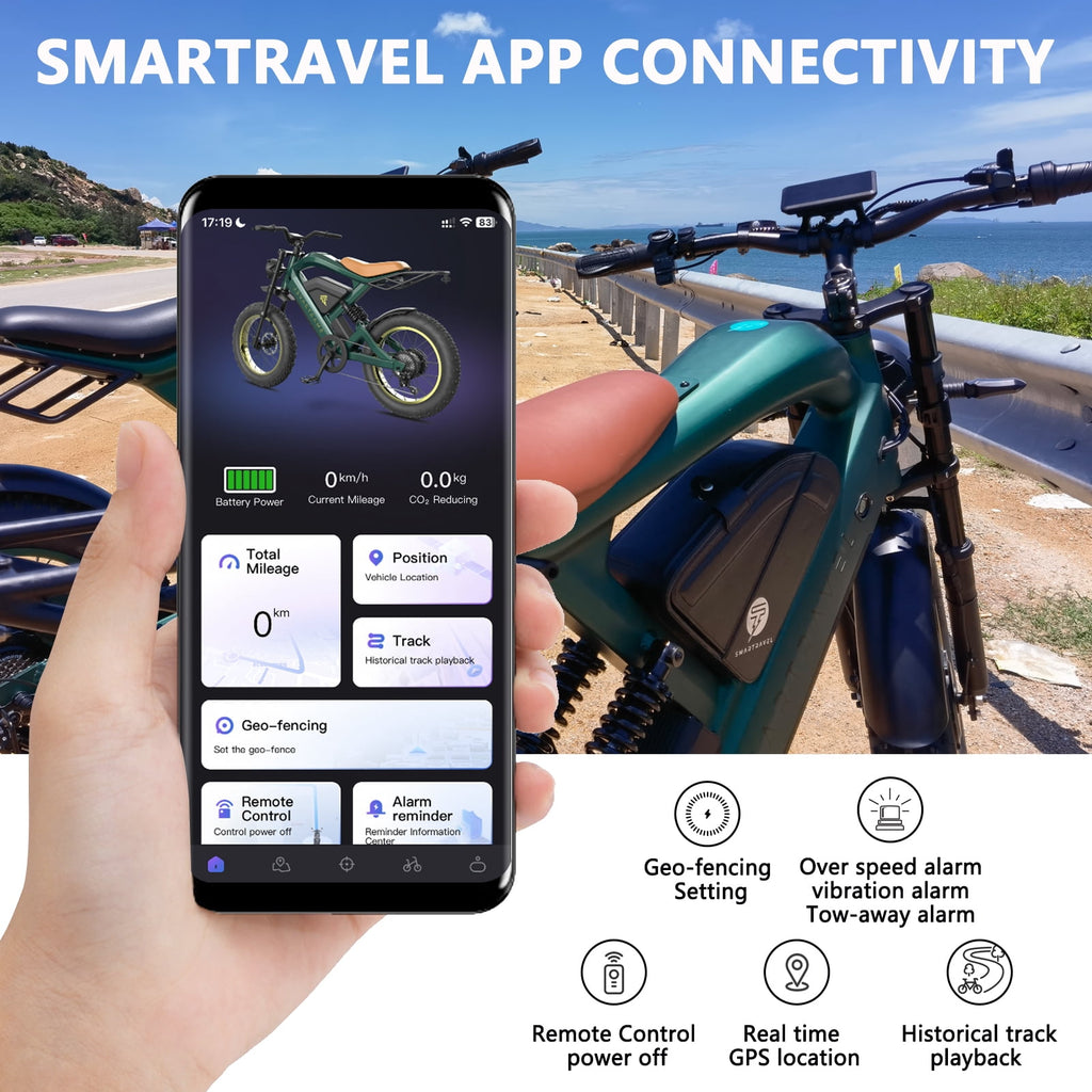 Smartravel Electric Bike for Adults,1500W Motor E-Mountain Bike 48V 27Ah,20*4.0 Fat Tire,Up to 32MPH,GPS and APP Control Ebike,Front/Rear Turn Signals,UL2849 Electric Bikes