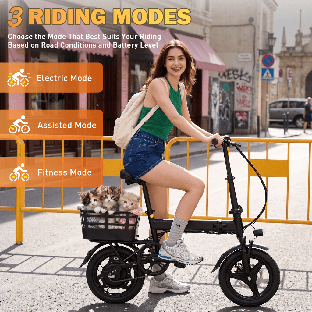 XKJ Electric Bike for Adults, Ebike, Electric Bicycle with 48V 12AH Battery,14 Folding Ebike for Teens, 21MPH,20+ Miles(MAX),500W Motor,Multi-Shock Absorption,Mini E Bikes with Baskets,UL2849 Electric Bikes