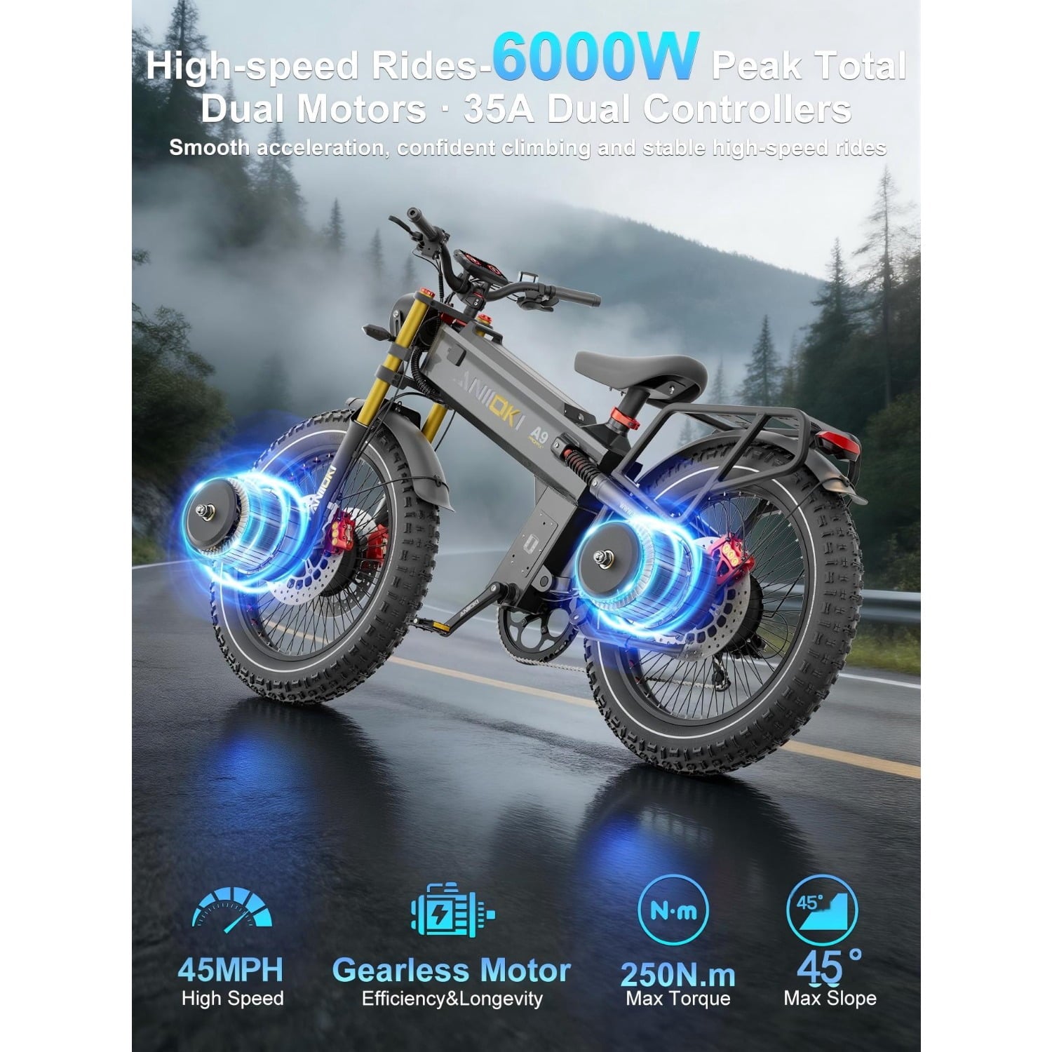 6000W Peak A9 Pro Max Dual Motor Electric Bike for Adults,60V 70Ah Battery,Up to 45 MPH,Up to 230 Miles Range,26x4.8 Fat Tires,Full Suspension Electric Bikes