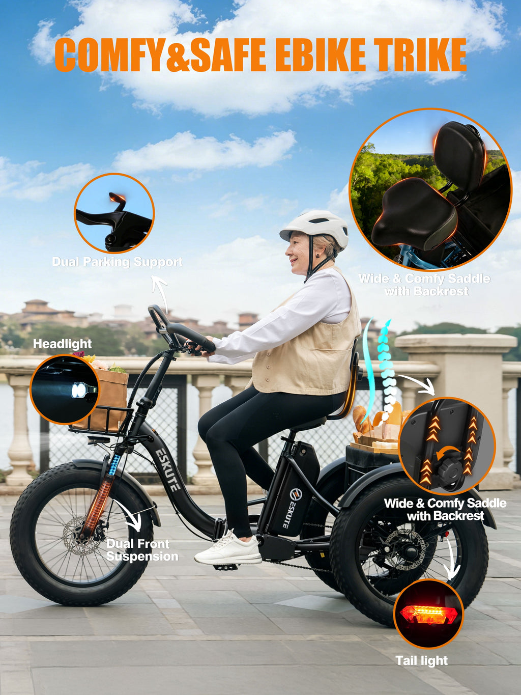 ESKUTE Foldable Electric Trike for Adults – 998.4Wh Battery, 20”x4” Fat Tires, Safe & Stable Ride for Seniors and Parents, Black Electric Bikes