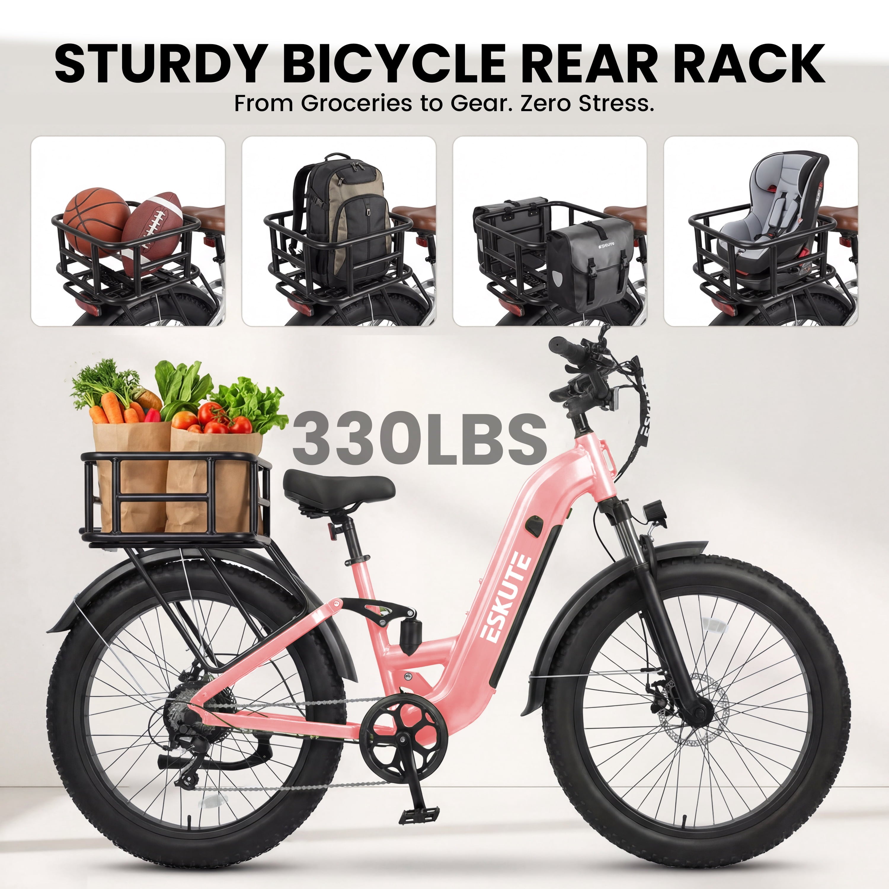 ESKUTE 1500W Electric Bike for Adults – 32 MPH, 80-Mile Range, 48V 20.8Ah Battery, 26x4.0 Fat Tires, Full Suspension, Step-Thru, 8-Speed – Pink Electric Bikes