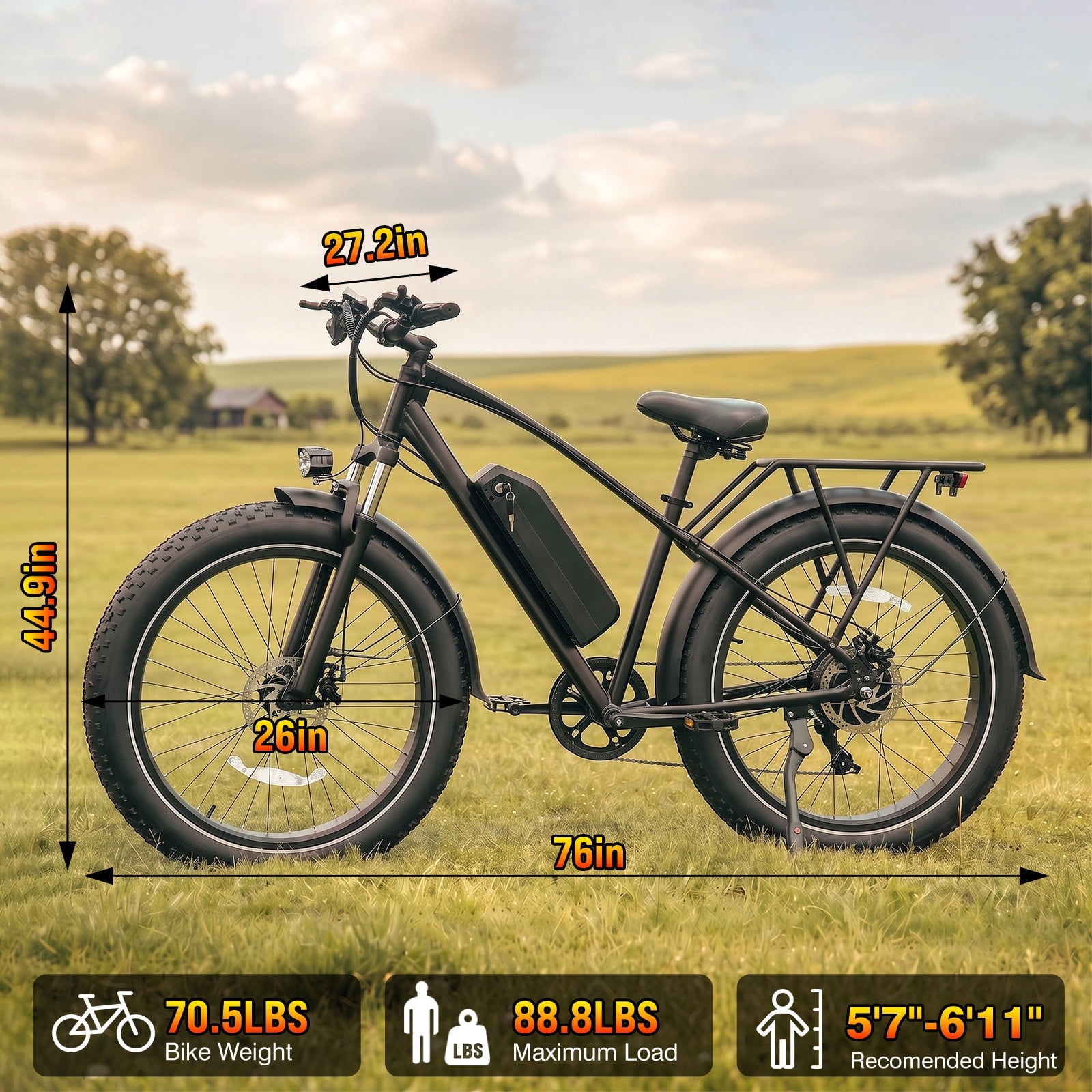 Rexei Yeki 26 Fat Tire EBike, 1200W Electric Bike for Adults, 48V 15AH Battery, 28 MPH Max Speed, 7-Speed , 500 lbs, Front Suspension, Dual Disc Brakes, LCD Display, UL2849 Electric Bikes