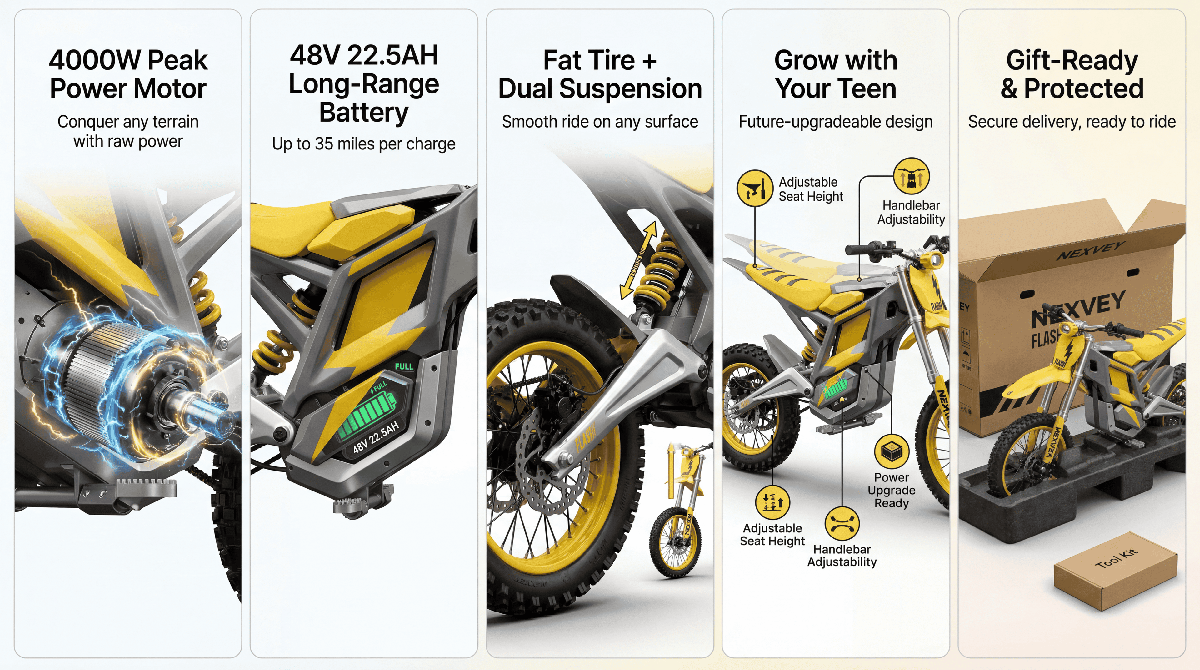 NEXVEY FLASH Electric Dirt Bike with Helmet(Size L), 4000W Peak Electric Motorcycle for Teens & Adults 13+, 48V 22.5Ah Battery, 35MPH Max Speed, Dual Suspension, Off Road Ebike Gift Set Electric Bikes