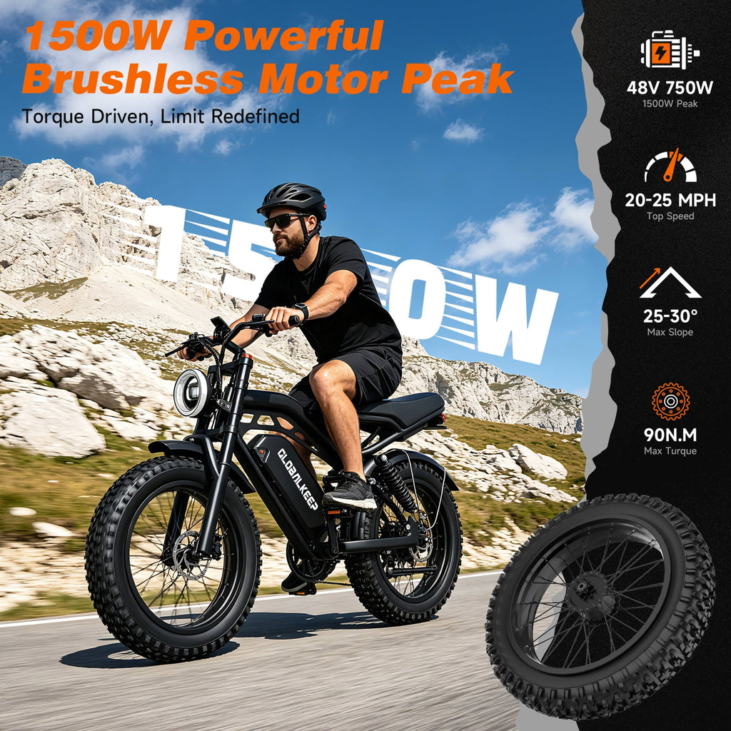 GlobalKeep Electric Mountain Bike for Adults, Peak 1500W Motor, 20x4 Fat Tire E Bicycle, 48V/15.6Ah Battery UL2849 Electric Bikes
