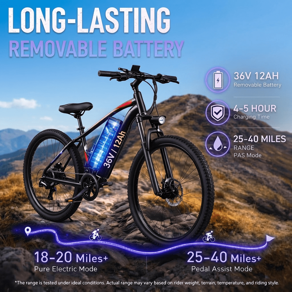 26 Electric Bike for Adults, 500W Peak Motor, 36V 12Ah Removable Waterproof Battery, 20 MPH, 30 Miles Range, 7-Speed Suitable for Mountain, Commuting, Shopping, or Trip, UL 2849 Electric Bikes