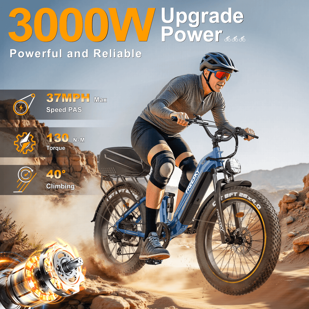 FREESKY 3000W Electric Bike for Adults 105mile Long Range Step-Thru Ebike Motor 37MPH Dirt E Bike 25Ah Removable Samsung Battery 26'' Fat Tire Electric Bicycle Full Suspension for Commute Mountains Electric Bikes