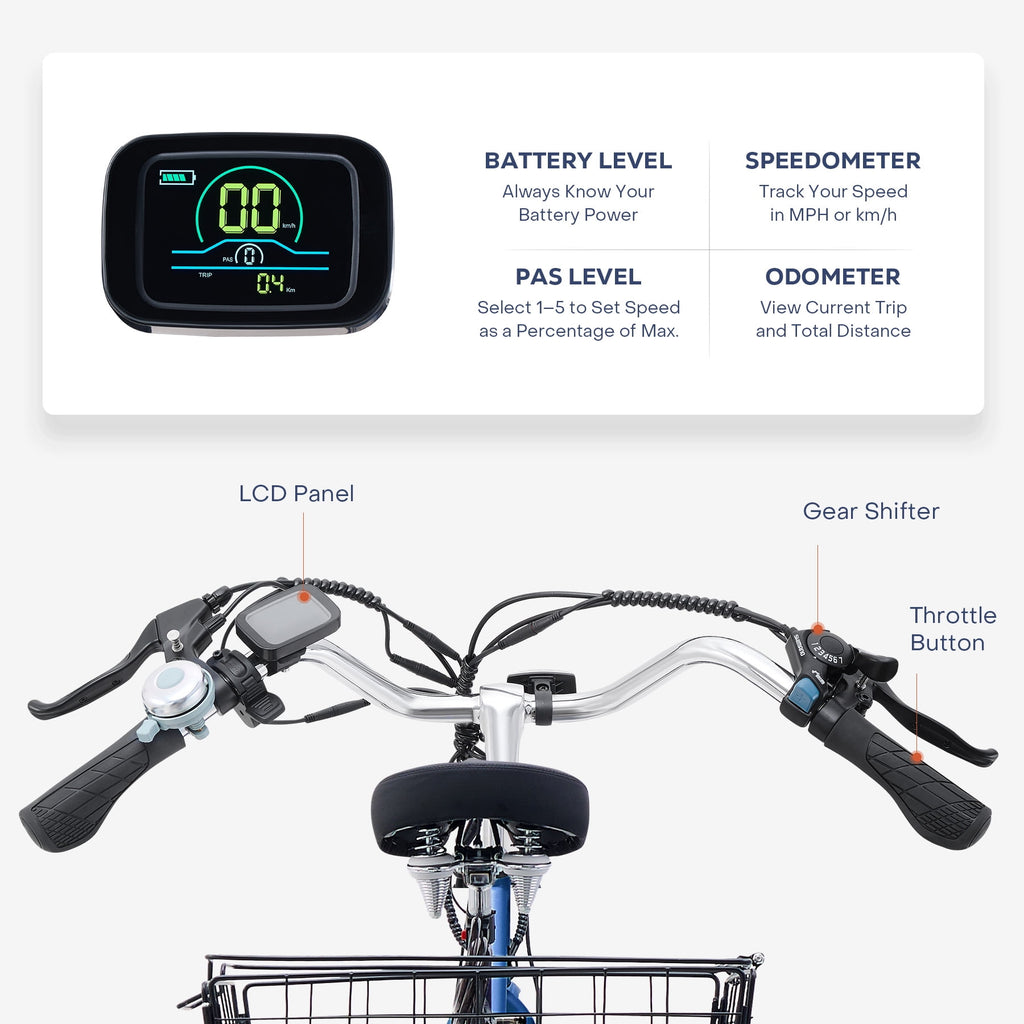 24 7-Speed Folding Electric Tricycle with 350W Motor 36V 13Ah Battery Blue Electric Bikes