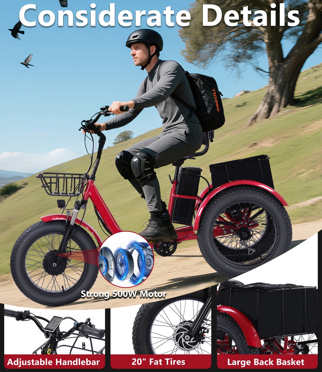 EASINGO Electric Tricycle for Adults 500W Motor 7 Speed 3-Wheel with 20×4.0 Fat Tire, Rear Basket, Lithium Battery Max 15MPH E-Tricycle Red Electric Bikes