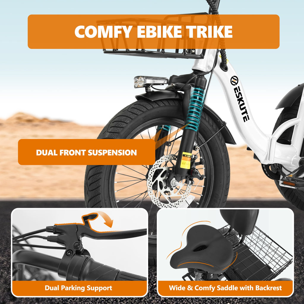 2 Pack Black+White ESKUTE E Trike Electric Bike, Peak 1200W Brushless Motor Folding Trike 18X3.0 Fat Tire Ebike, 499Wh Removable Battery,Step-Thru 3-Wheel E-Bike,48V 13AH 18MPH+Tricycle for Adults Electric Bikes