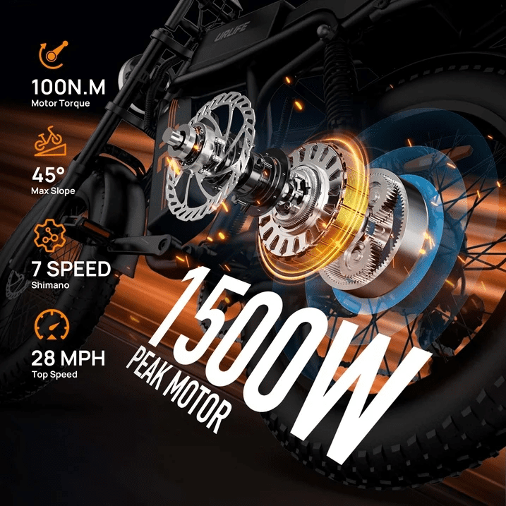 URLIFE 1500W Electric Bike for Adults,204.0 Fat Tire Ebike,48V 15.6Ah Removable Battery,7-Speed E-Mountain Bikes,All-Terrain Off-Road Electric Bicycle,UL2849 Certified(Black) Electric Bikes