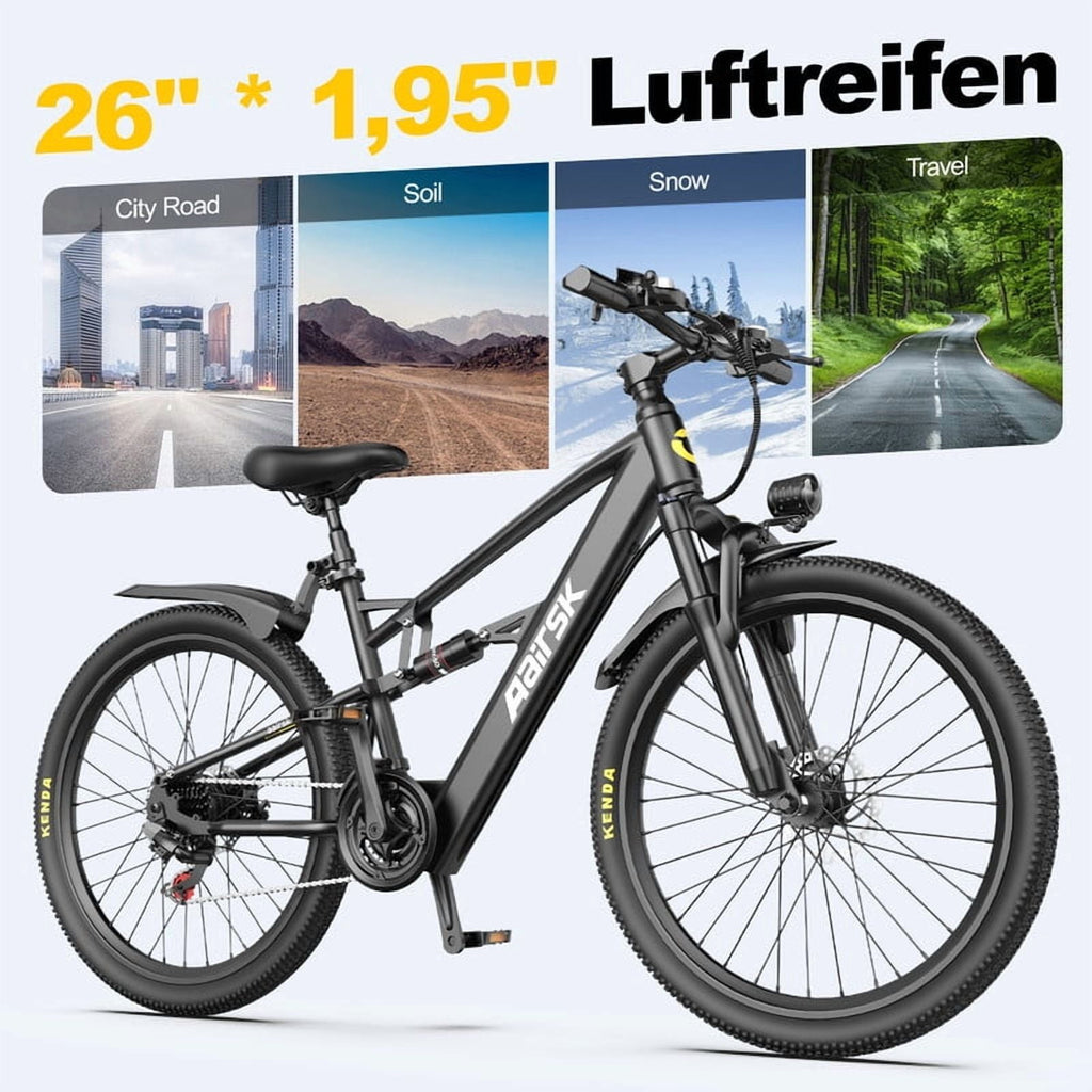 748W Peak Motor Aairsk F1 Electric Bike for Adults, 26 E-Bike with 22MPH Speed,36V13Ah Battery, Full Suspension, 7-Speed Gears Electric Bikes