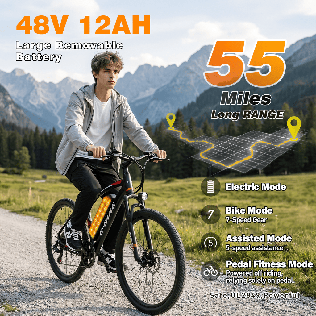 XYJ Electric Bike for Adults,750W Peak Motor,25 MPH,Electric Mountain Bike,26 Adult Electric Bicycles with Multi-Shock Absorption,48V 12Ah Removable Battery,7 Speed,UL 2849,Commuter Electric Bicycle Electric Bikes