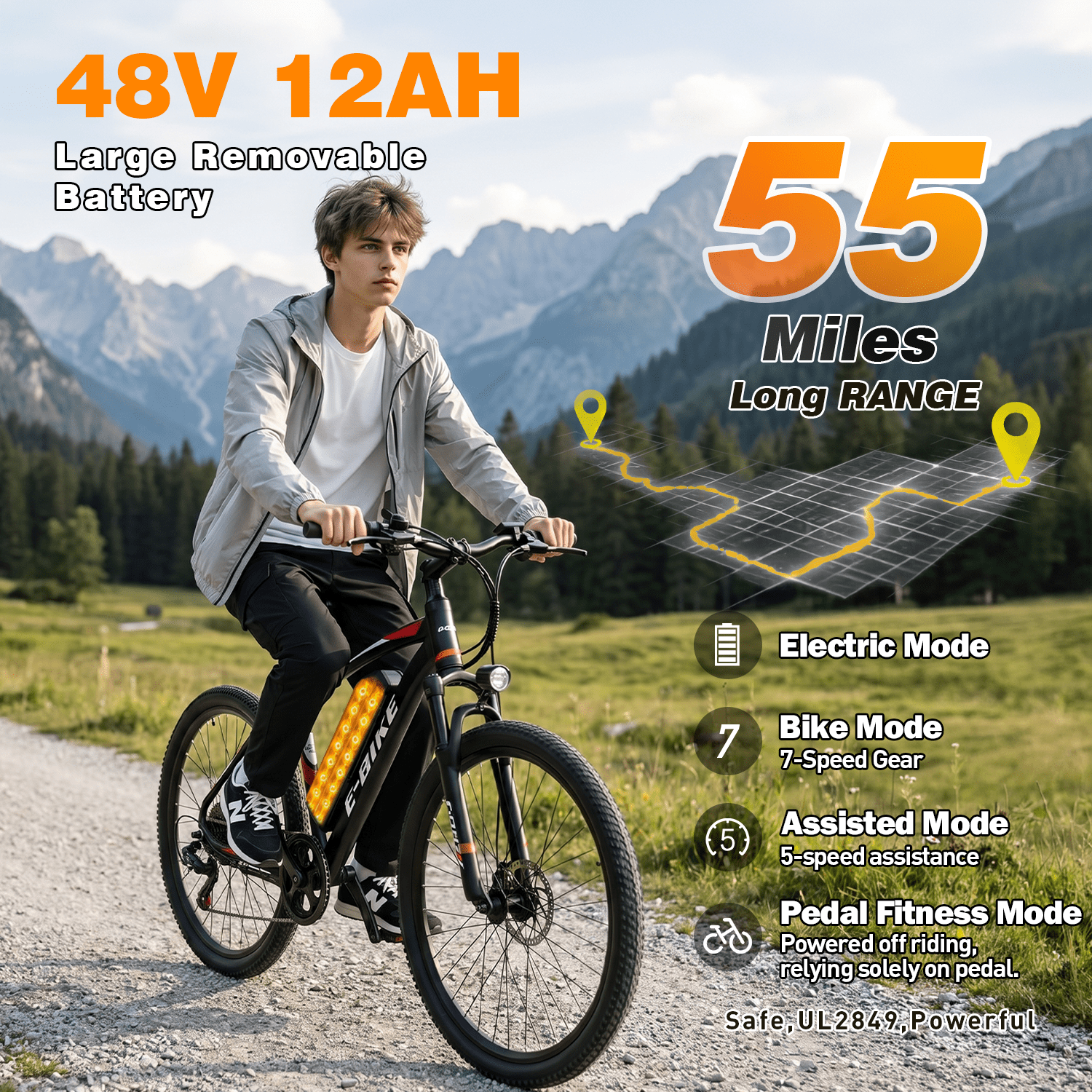 XYJ Electric Bike for Adults,750W Peak Motor,25 MPH,Electric Mountain Bike,26 Adult Electric Bicycles with Multi-Shock Absorption,48V 12Ah Removable Battery,7 Speed,UL 2849,Commuter Electric Bicycle Electric Bikes