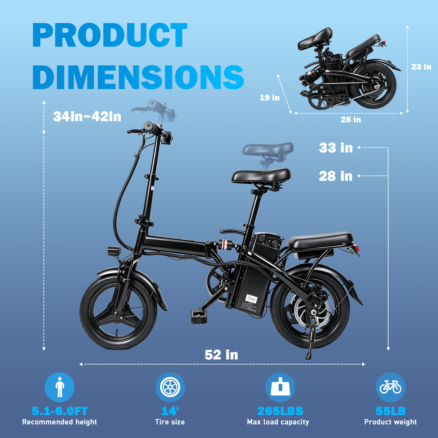 14 Foldable Electric Bike for Adults, Commuter E-Bike with 500W Peak Motor, 36V 12Ah Removable Battery, 20 MPH 32 Miles Range,UL 2849 Certified Electric Bikes