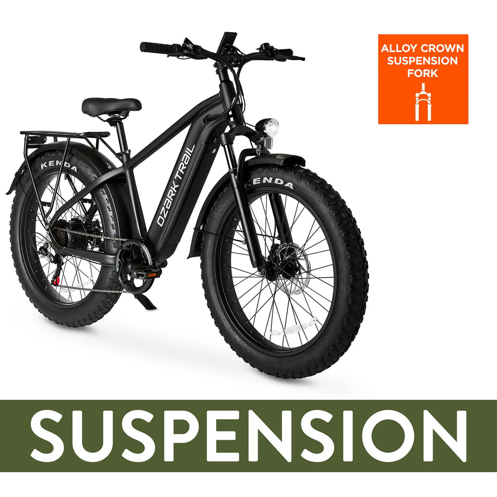Ozark Trail 26 M.3 Ranger+ Electric Fat Tire Bike, 48V, Class 2, Black, Fits Riders 5'2 - 6'1, Adult, Unisex Electric Bikes