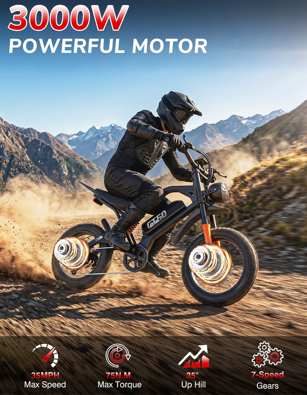 AZHAR GT50 Electric Bike for Adults, 3000W Motor, 20x3 Fat Tire Mountain Bike, 48V/23Ah Battery, UL2849 Electric Bikes