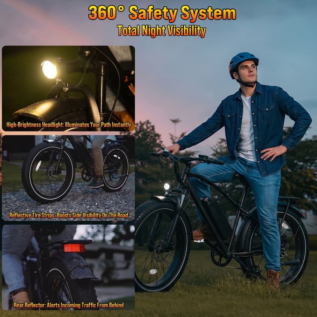 Rexei Yeki 26 Fat Tire EBike, 1200W Electric Bike for Adults, 48V 15AH Battery, 28 MPH Max Speed, 7-Speed , 500 lbs, Front Suspension, Dual Disc Brakes, LCD Display, UL2849 Electric Bikes