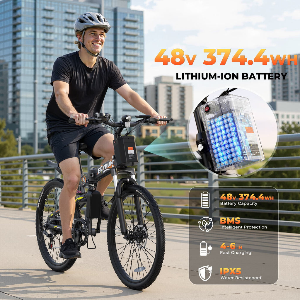 FLYRUN 26 Electric Bike for Adults,Foldable Ebike with Peak 750W Motor,20MPH,48V 374.4Wh Removable Battery,Full Suspension,7-Speed Gears,LCD Display,UL2849 Electric Bikes