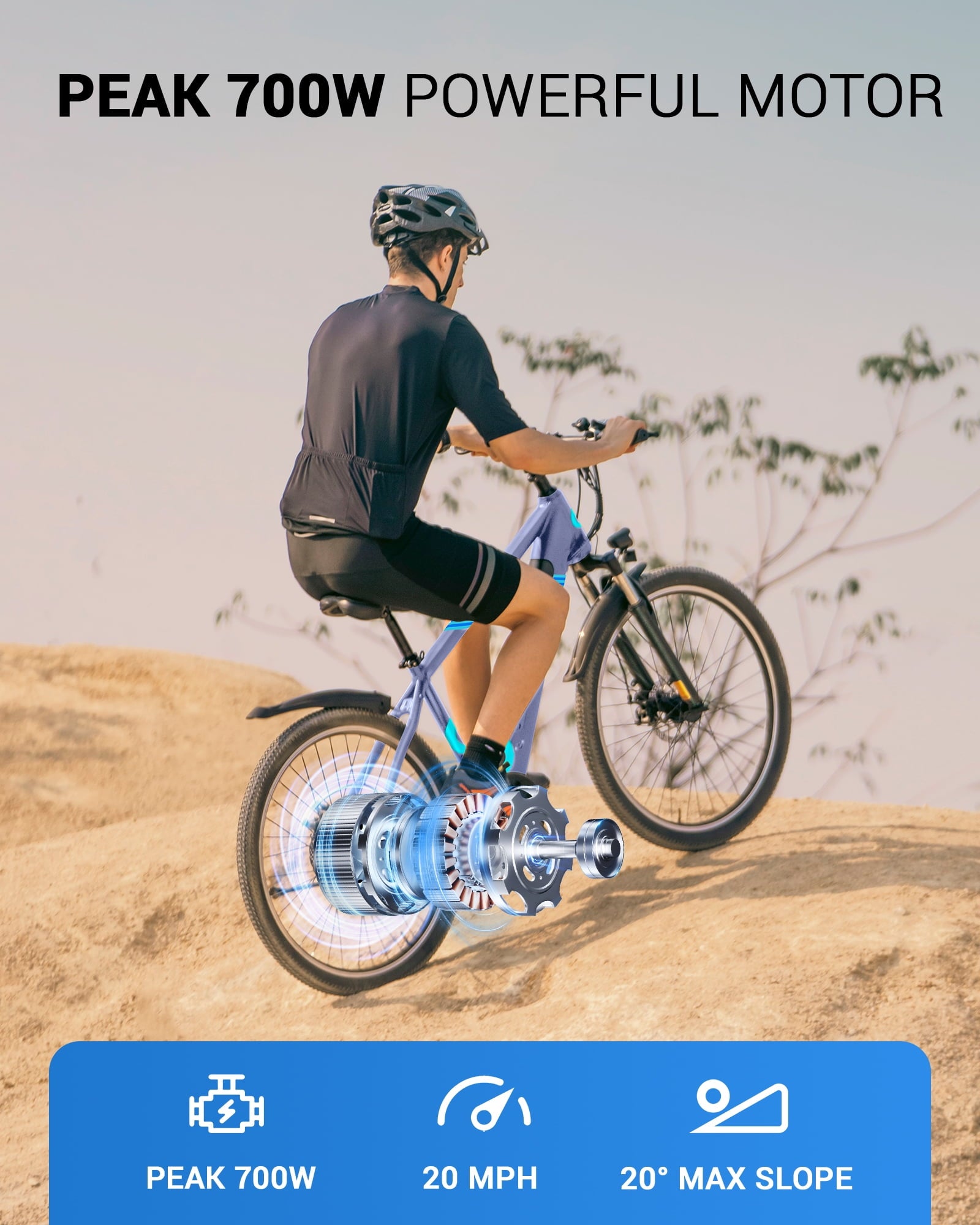 MIHOVER 26 Electric Bike for Adults 750W Peak 20MPH, 48V Removable Battery 40 Miles, Shimano 21-Speed Adjustable Fork，UL2849 City & Light Off-Road E-Bike with Lock-Blue Electric Bikes