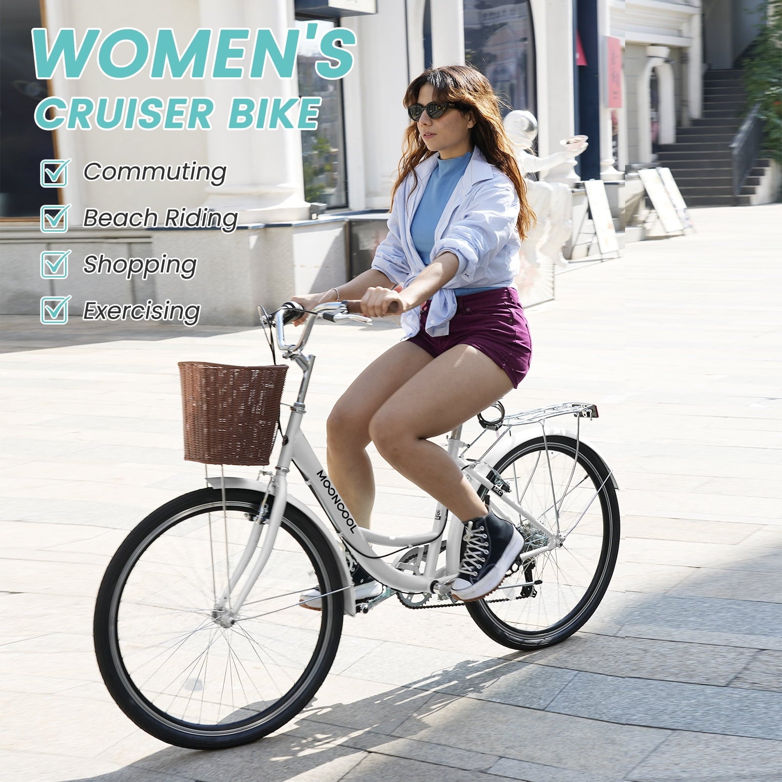 MOONCOOL 24/26 Inch Cruiser Bike for Women, 7 Speed Step-Through Bicycle with Basket, Rear Rack & Lock, Retro City Bike for Adults Electric Bikes