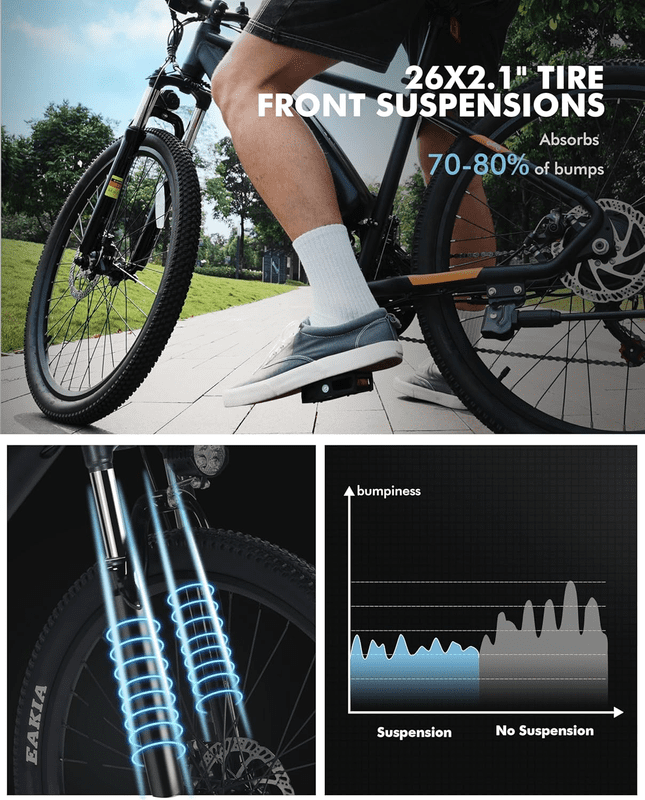 Qlife 26 Adult Electric Mountain Bike, 48V 7.8Ah Removable Battery, Max 28MPH, 7?Speed, Lock?Out Suspension, Peak 1000W Hub?Motor Mechanical Disc?Brake eBike for men&women Black Electric Bikes