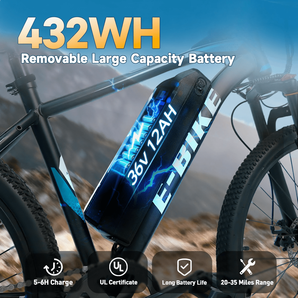Electric Bike for Adults, Peak 750W Motor 20MPH 35Miles Lightweight Ebike for Teens, 26in E Mountain Bike with 432Wh Removable Battery, 7-Speed Full Suspension UL2849 Electric Bikes