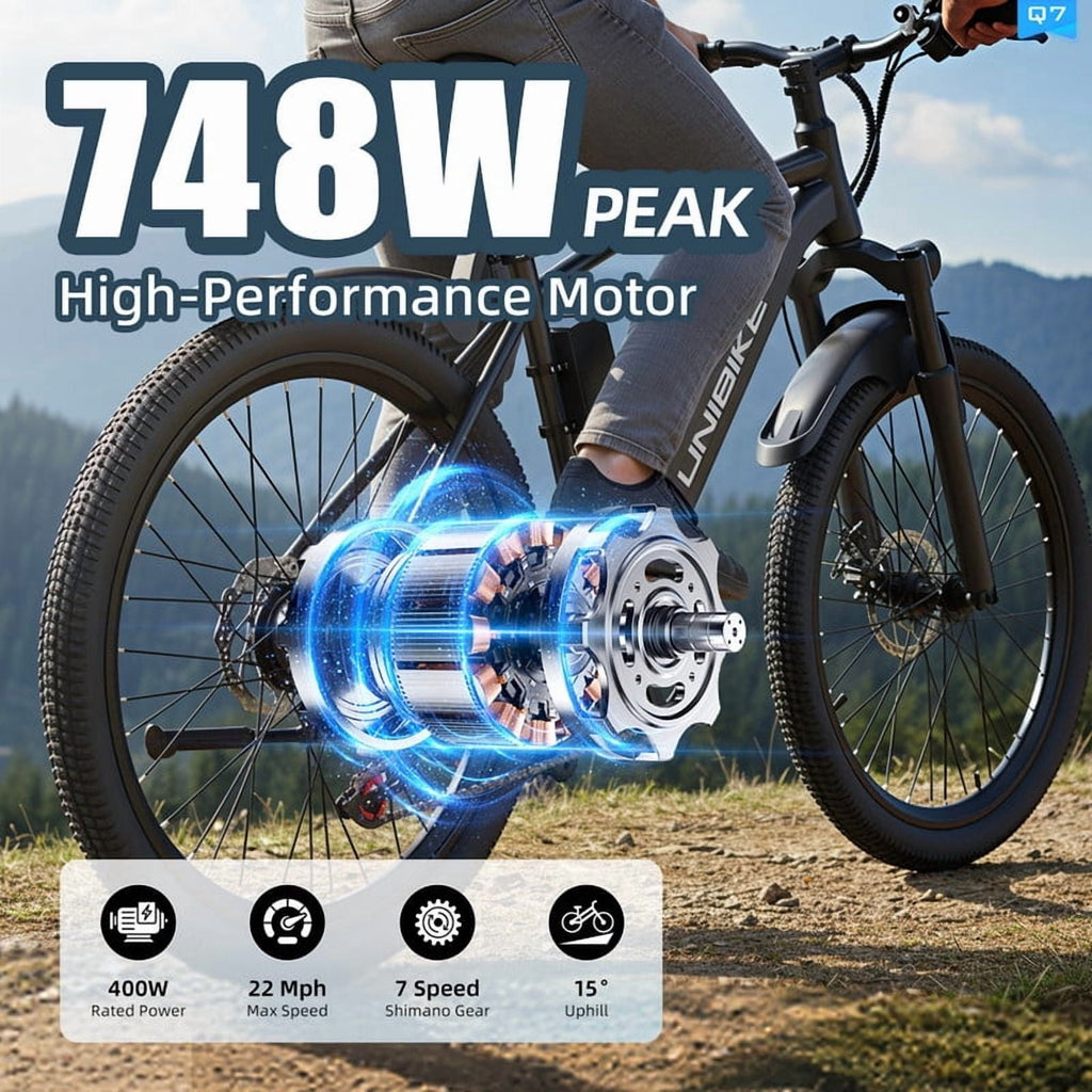 Unibike 26'' Ebikes For Adults, 748 Peak Motor Electric Mountain Bike, 36V 10Ah Removable Battery, 7-Speed E-Bicycle, Front Suspension Electric Bikes