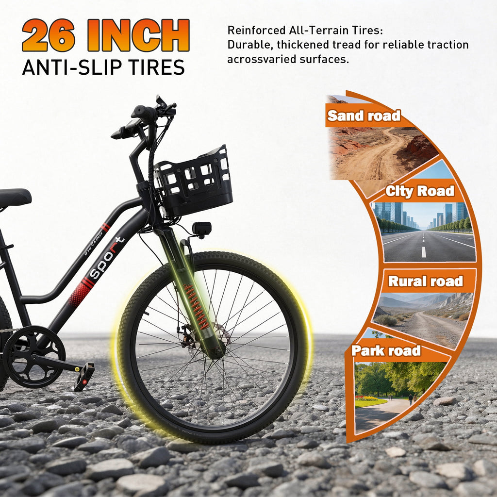 OwnGold Electric Bike with Basket,750W Peak Motor 25MPH 35+ Miles,432Wh Battery,26Commuter Ebike for Adults,7-Speed,UL2849 Electric Bikes