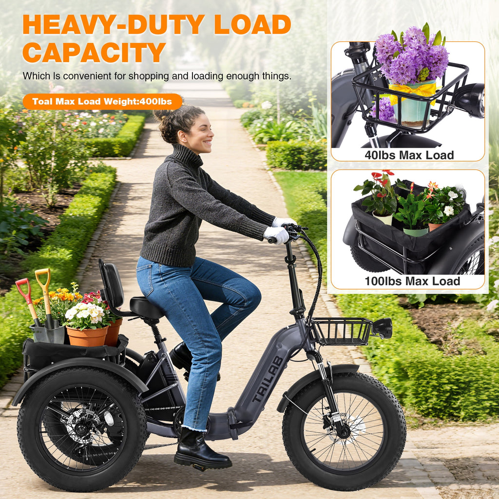 Meghna 20 inch Electric Tricycle 48V Max Speed 15 MPH Foldable 7 Speed Large Capacity Max Load 275 lbs Black Electric Bikes