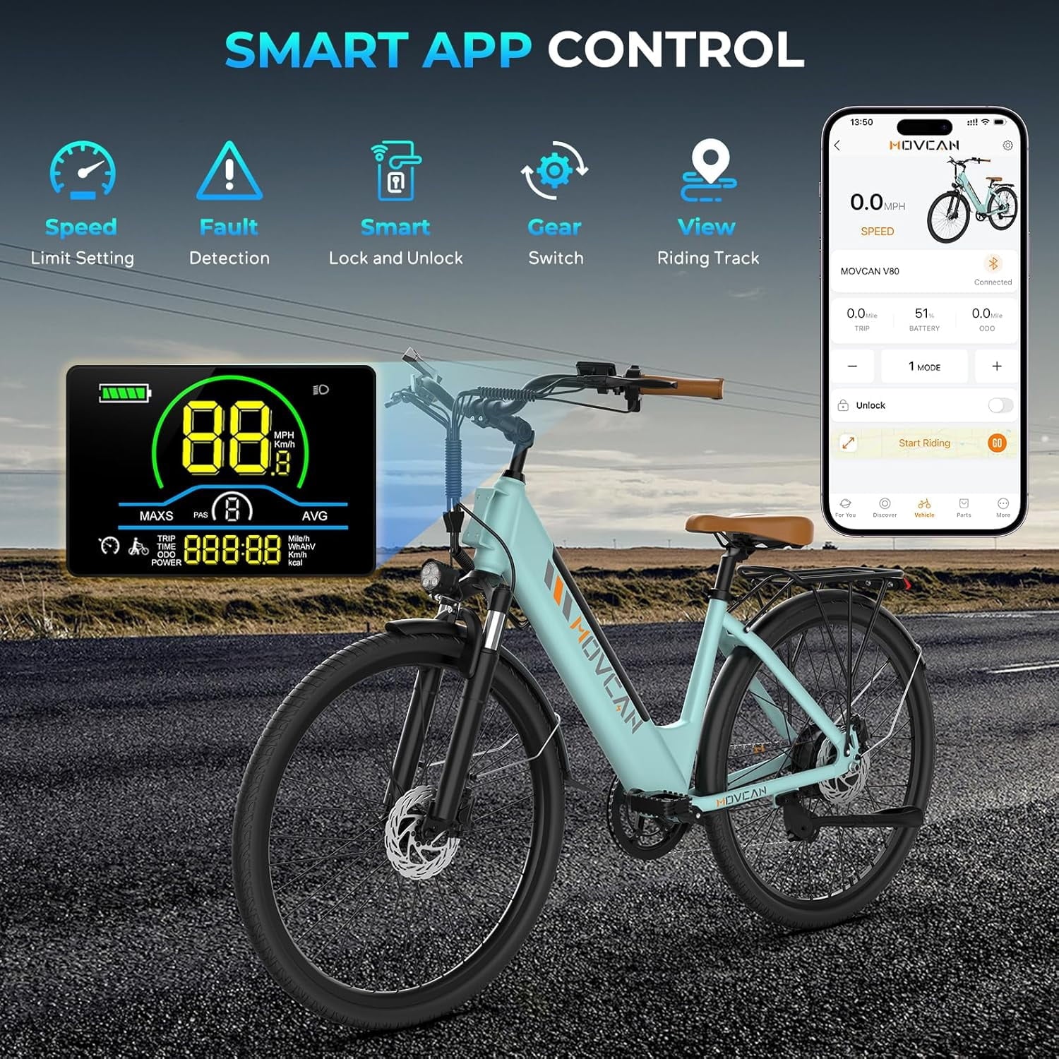Movcan V80 1000W Electric Bike for Adults, 28MPH & 70 Miles Range, 26 City Cruiser Ebike with 48V 13Ah Removable Battery, 7-Speed Dual Disc Brake Mountain Commuter E-Bike Electric Bikes