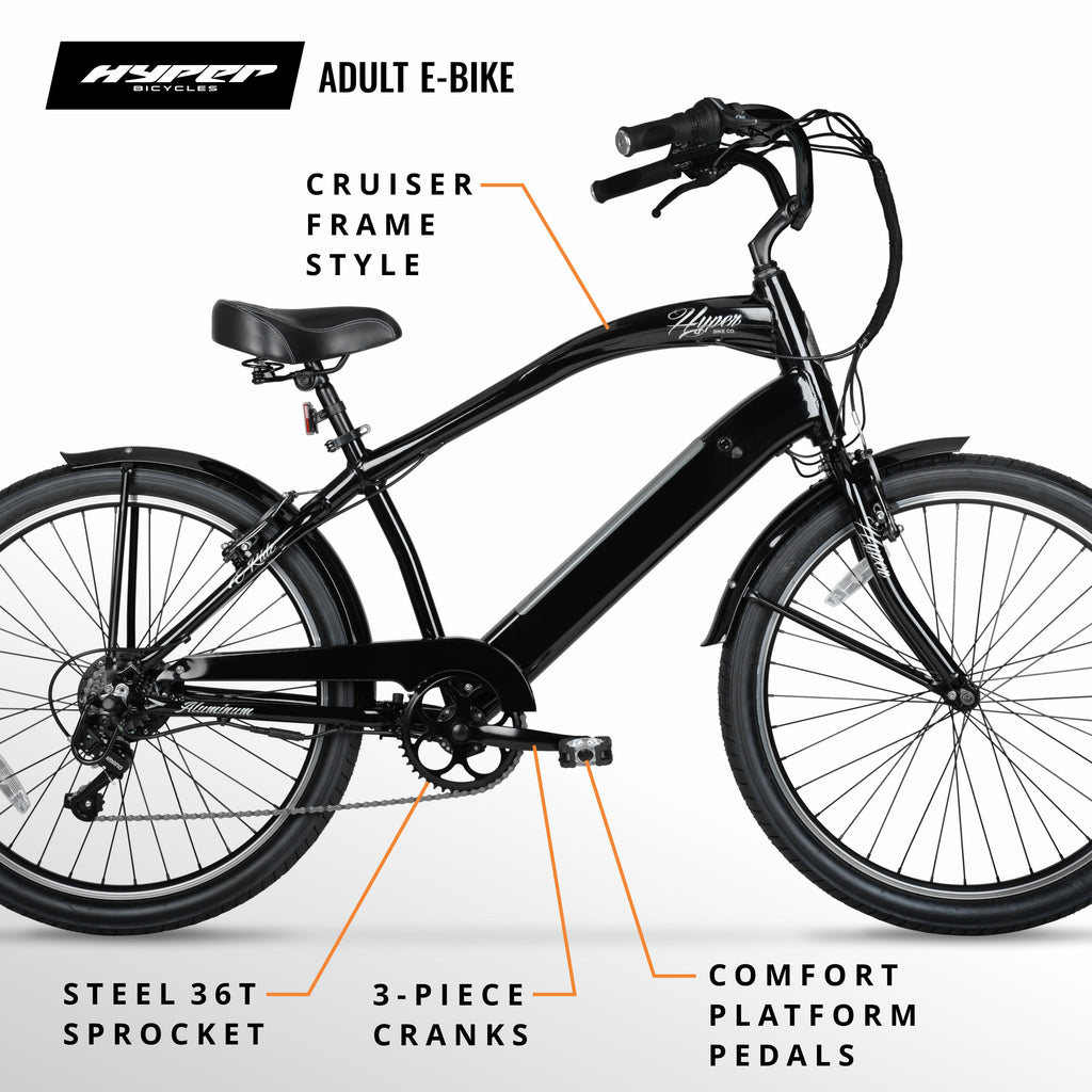 Hyper Bicycles 26 36V Men's Electric Cruiser E-Bike with Pedal-Assist, 250W Motor, Black Electric Bikes