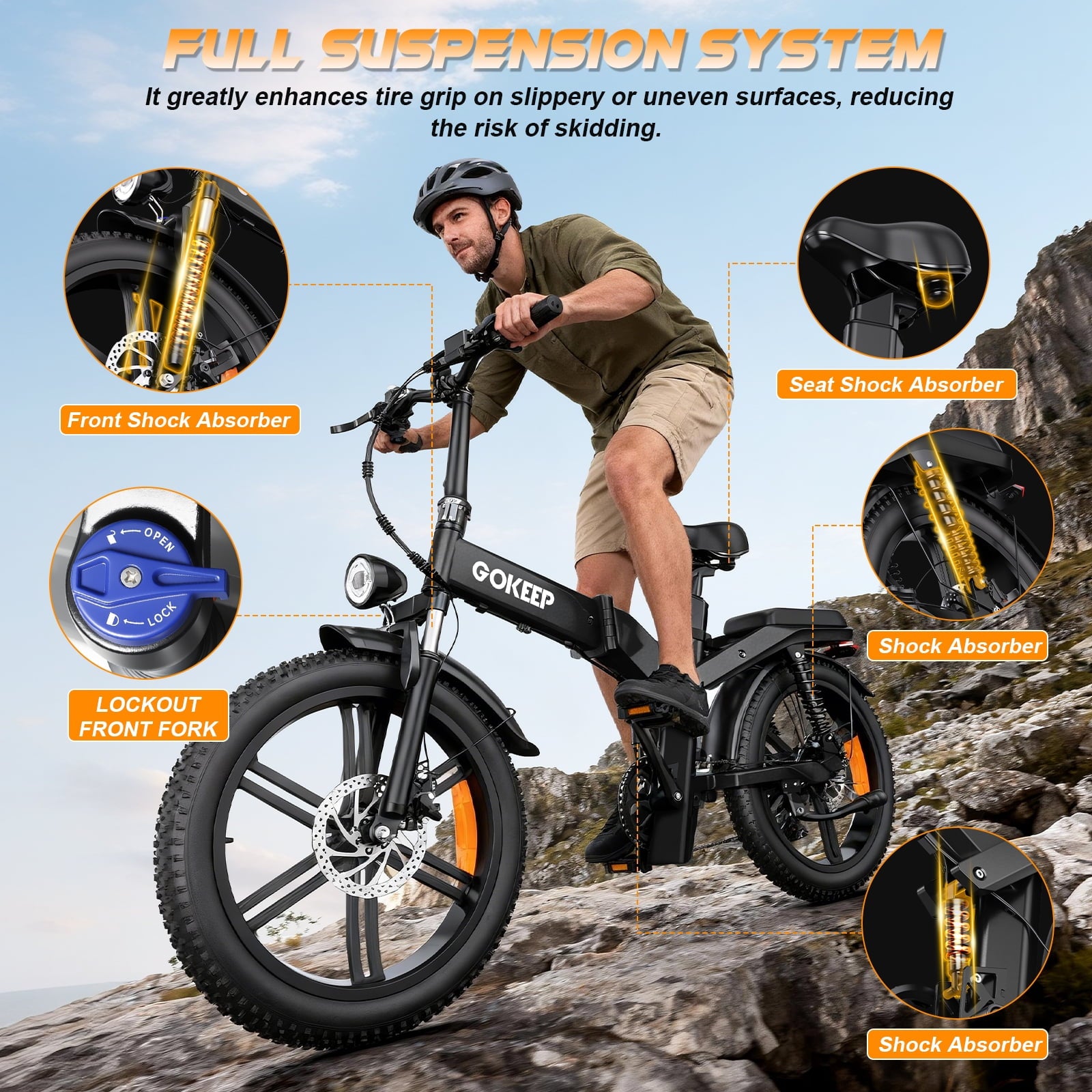 GOKEEP X20 Electric Bike for Adults, 750W Motor Electric Bicycle with 48V 21.3AH Removable Li Dual Battery, 20 x4.0 Fat Tire Folding Electric Dirt Bike, E-Mountain Bike, UL2849, Black Electric Bikes
