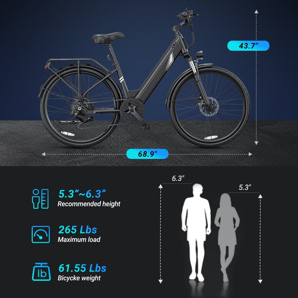 DYU C7L Electric Bike for Adults, 26 Peak 1000W Motor Ebike, 48V 10.4Ah Removable Battery, 45 Miles Max 20MPH, 7 Speed Electric Bicycle UL2849 Electric Bikes