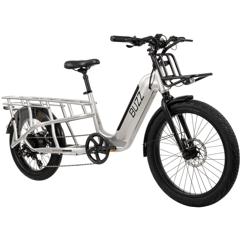 Buzz 24 Beekeeper 48V Electric Cargo Bike, Fits Riders 60+, Silver, Adult, Unisex Electric Bikes