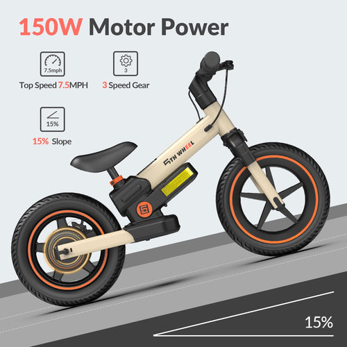 5TH WHEEL DP-T12 / KB09 Electric Bike for Kids, 150W Electric Balance Bike Ages 3-8 Years Old, 12 Pneumatic Tire with Dual Brake, 3 Speed Modes Kid Electric Motorcycle,Yellow Electric Bikes